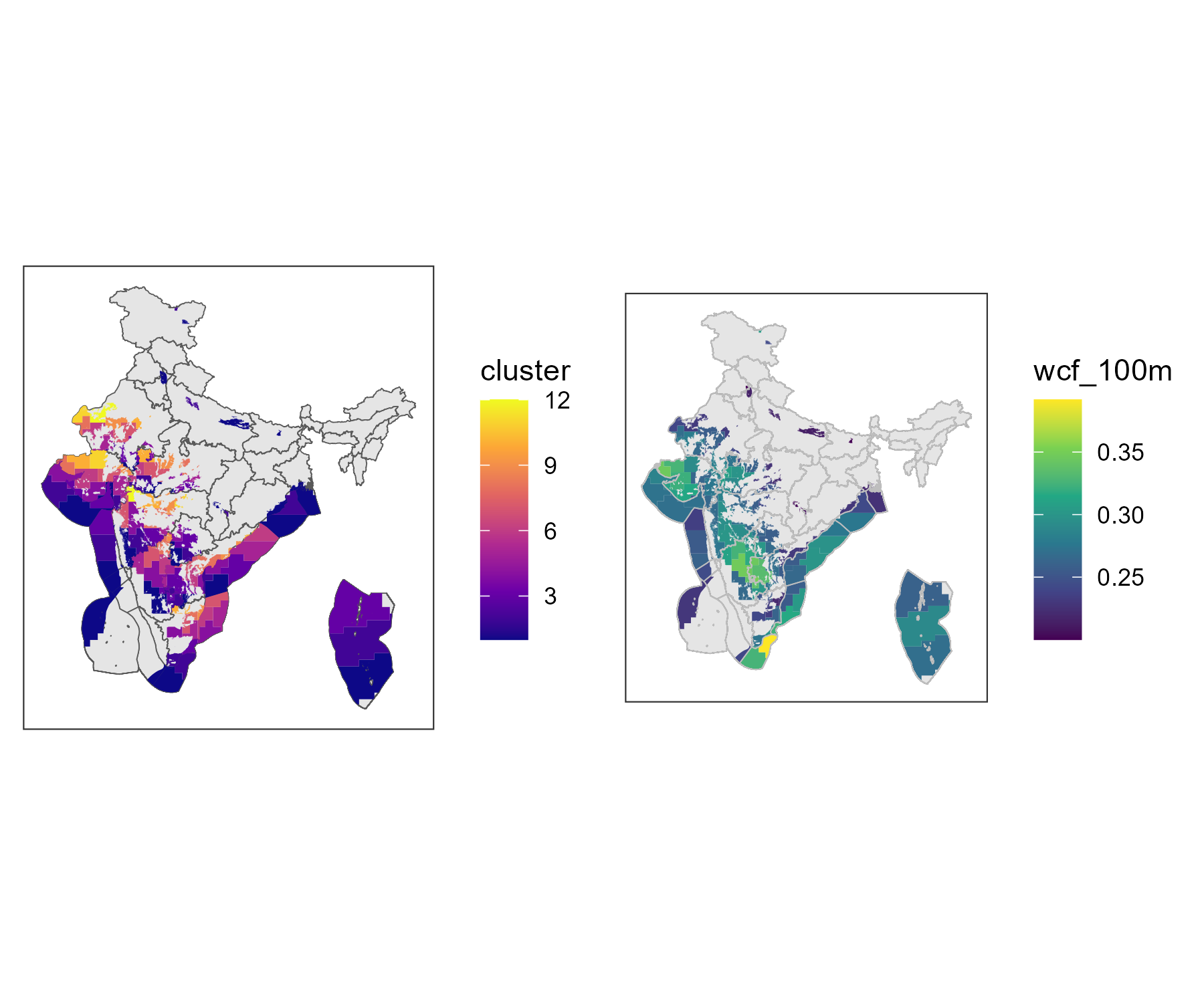 Wind clusters and average wind capacity factors by cluster, 100m height